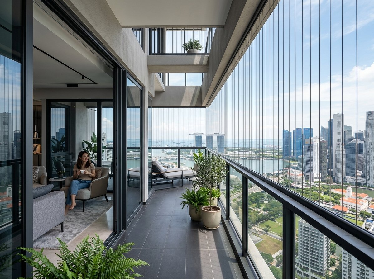 High-Rise Luxury Balcony with Invisible Grills overlooking city skyline